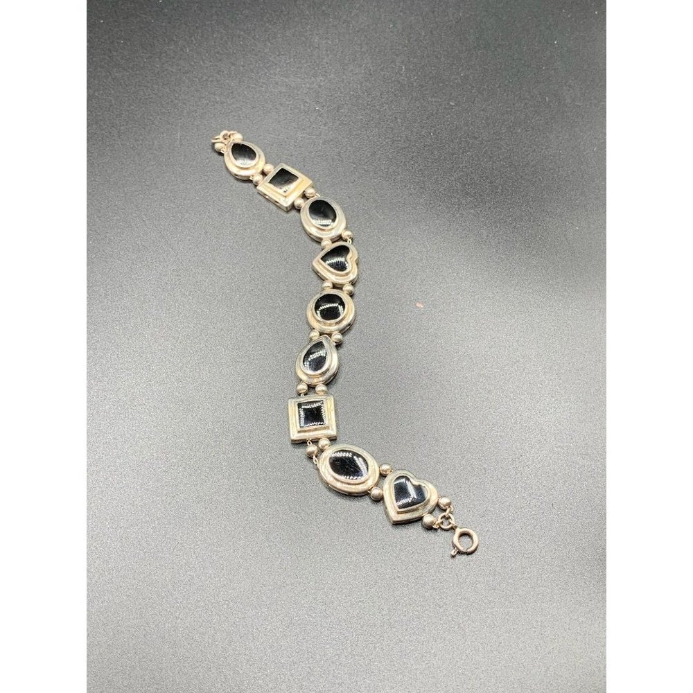 Sliding charms bracelet Black Onyx Sterling Silver vintage hearts and geometric